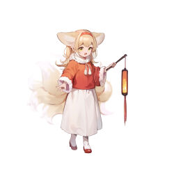 Rule 34 | 1girl, :d, absurdres, animal ear fluff, animal ears, arknights, blonde hair, fox ears, fox girl, fox tail, full body, fur-trimmed shirt, fur-trimmed sleeves, fur trim, hairband, high heels, highres, lantern, long hair, long skirt, long sleeves, looking at viewer, multiple views, open mouth, pantyhose, red footwear, red hairband, red shirt, shio (shiofeifei), shirt, simple background, skirt, smile, solo, standing, suzuran (arknights), tail, white background, white pantyhose, white skirt, yellow eyes