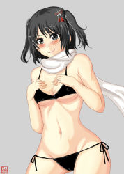 Rule 34 | 10s, 1girl, bare shoulders, bikini, black bikini, black eyes, black hair, breasts, dated, drie, grey background, groin, hair ornament, jewelry, kantai collection, medium breasts, navel, ring, scarf, sendai (kancolle), sendai kai ni (kancolle), short hair, short twintails, side-tie bikini bottom, signature, smile, solo, swimsuit, twintails, two side up, underboob, wedding band