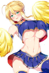 Rule 34 | 1girl, ahoge, artoria pendragon (fate), artoria pendragon (lancer) (fate), blue skirt, blue thighhighs, blush, braid, braided bun, breasts, brynhildr (cheer for master) (fate), brynhildr (fate), cheerleader, choker, commentary request, crop top, crop top overhang, detached sleeves, fate/grand order, fate (series), french braid, green eyes, hair between eyes, hair bun, hip focus, horosuke, huge breasts, long hair, looking at viewer, midriff, miniskirt, navel, parted lips, pleated skirt, pom pom (cheerleading), sidelocks, simple background, skirt, sleeveless, smile, solo, thighhighs, thighs, underboob, white background
