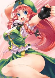Rule 34 | 1girl, abe ranzu, blue eyes, blush, braid, breasts, chinese clothes, female focus, fingerless gloves, gloves, hat, hong meiling, leg up, long hair, open mouth, red hair, skirt, smile, solo, star (symbol), touhou, twin braids