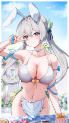 Rule 34 | 1girl, absurdres, animal ears, apron, arm ribbon, bikini, blue bow, blue ribbon, blush, bow, bra, breasts, choker, cleavage, commentary request, fake animal ears, firefly (honkai: star rail), grey hair, groin, hair bow, hair ornament, hand up, highres, honkai: star rail, honkai (series), large breasts, long hair, looking at viewer, low twintails, navel, purple eyes, rabbit ears, ribbon, smile, solo, standing, stomach, swimsuit, twintails, underwear, v over eye, very long hair, white apron, white bra, white choker, yeni1871