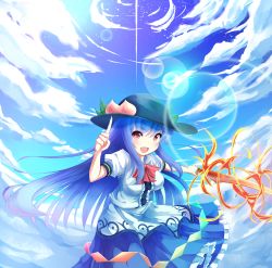 Rule 34 | &gt;:d, 1girl, :d, blue hair, bow, bowtie, breasts, cloud, cloudy sky, day, dress, fire, food, food on head, fruit, fruit on head, hak, hat, hinanawi tenshi, index finger raised, layered dress, long hair, looking at viewer, medium breasts, object on head, open mouth, peach, red eyes, sky, smile, solo, star (sky), sword of hisou, touhou, v-shaped eyebrows, very long hair