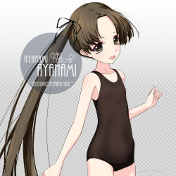 Rule 34 | 1girl, artist logo, artist name, ayanami (kancolle), black one-piece swimsuit, blush, brown eyes, brown hair, brown one-piece swimsuit, character name, checkered background, collarbone, commentary request, cowboy shot, gradient background, hair intakes, inaba shiki, kantai collection, long hair, looking at viewer, new school swimsuit, one-hour drawing challenge, one-piece swimsuit, open mouth, school swimsuit, side ponytail, simple background, smile, solo, swimsuit