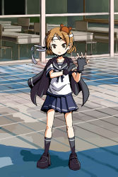 Rule 34 | &gt;:o, 10s, 1girl, :o, adjusting clothes, adjusting gloves, brown eyes, chair, chalkboard, crab, fingerless gloves, full body, gloves, headband, jacket, jacket on shoulders, kantai collection, light brown hair, miniskirt, oboro (kancolle), open mouth, pleated skirt, school uniform, serafuku, sixten, skirt, solo, table, v-shaped eyebrows