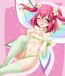 Rule 34 | 1girl, aqua eyes, bikini, blush, breasts, bunji, choker, embarrassed, fairy, fairy wings, flower, genjitsu no yohane, hair flower, hair ornament, hands on own chest, highres, knee up, kurosawa ruby, looking at viewer, love live!, love live! sunshine!!, medium hair, micro bikini, navel, one eye closed, open mouth, pink background, red hair, shiny skin, small breasts, smile, solo, sparkle background, swimsuit, thighhighs, twintails, white thighhighs, wings