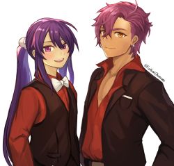 Rule 34 | 2boys, black jacket, bow, bowtie, closed mouth, commentary request, ensemble stars!, hair between eyes, hair ornament, highres, jacket, kanzaki souma, long hair, male focus, multiple boys, open mouth, orange eyes, otogari adonis, pink eyes, pink hair, purple hair, red shirt, shirt, simple background, smile, sookmo, upper body, vest, white background