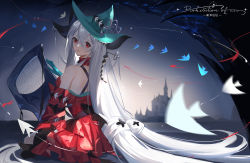 Rule 34 | 1girl, absurdres, arknights, bare shoulders, blue gloves, blue headwear, detached sleeves, dress, duohelengshuiba, from behind, gloves, hair ornament, harp, highres, instrument, long hair, long sleeves, looking at viewer, looking back, official alternate costume, parted lips, red dress, red eyes, silver hair, skadi (arknights), skadi the corrupting heart (arknights), smile, solo, very long hair
