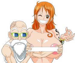 Rule 34 | 1boy, 1girl, age difference, breasts, cleavage, crossover, dragon ball, highres, huge breasts, muten roushi, nami (one piece), noriyuki works, old, old man, one piece, vaginal
