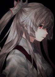 Rule 34 | 1girl, black background, blouse, bow, closed mouth, collared shirt, commentary, expressionless, eyebrows hidden by hair, facing to the side, from side, fujiwara no mokou, grey hair, hair bow, highres, long hair, looking afar, ponytail, red eyes, shirt, simple background, solo, suehachi (hikage), suspenders, touhou, upper body, white bow, white shirt