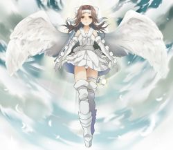 Rule 34 | 10s, 1girl, adapted costume, alternate costume, angel, angel wings, boots, brown eyes, brown hair, cloud, collarbone, commentary request, dress, elbow gloves, eyebrows, frilled skirt, frills, from below, full body, gloves, hair intakes, headband, jintsuu (kancolle), kantai collection, long hair, looking at viewer, necktie, panties, pantyshot, plum (arch), searchlight, skirt, sky, solo, standing, turret, underwear, walking, wings