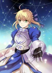 Rule 34 | 1girl, ahoge, armor, armored dress, artoria pendragon (fate), bad id, bad pixiv id, blonde hair, dress, fate/stay night, fate/zero, fate (series), faulds, gauntlets, green eyes, hair ribbon, harimoji, looking at viewer, magic, outstretched hand, ribbon, saber (fate), smile, solo