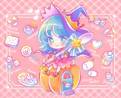 Rule 34 | 1girl, ankle bow, ankle ribbon, biscuit (bread), blue eyes, blue hair, bow, candy, chibi, chocolate, cupcake, doughnut, food, gemini (kokoma), hat, leg ribbon, lollipop, long hair, looking at viewer, original, pumpkin, pumpkin house, ribbon, smile, solo, swept bangs, witch, witch hat