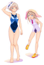 Rule 34 | 2girls, bad id, bad pixiv id, blue eyes, brown hair, competition swimsuit, goggles, green eyes, jacket, long hair, mizuno (brand), multiple girls, necktie, no socks, one-piece swimsuit, original, shoes, shoko (moccom), short hair, swim cap, swimsuit, swimsuit under clothes, thigh gap, thighs, towel, towel on head