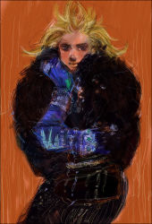 Rule 34 | 1girl, artist request, bad id, bad pixiv id, blonde hair, coat, cowboy shot, dorohedoro, fur trim, gauntlets, gloves, looking at viewer, noi (dorohedoro), orange background, pants, simple background, solo, upper body