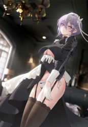 Rule 34 | 1girl, absurdres, apron, arm under breasts, asymmetrical hair, azur lane, bellona (armed to clean) (azur lane), bellona (azur lane), black dress, black thighhighs, blurry, blurry background, breasts, chandelier, cirilla lin, closed mouth, clothes lift, clothing cutout, cross, cross earrings, dress, dress lift, earrings, garter straps, hair between eyes, hair ribbon, highres, jewelry, lace, lace-trimmed legwear, lace trim, large breasts, lifting own clothes, light particles, maid, maid apron, maid headdress, official alternate costume, panties, puffy sleeves, purple eyes, purple hair, ribbon, short hair, side-tie panties, skindentation, solo, thighhighs, thighs, underboob cutout, underwear, white ribbon