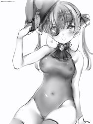 Rule 34 | 1girl, bad id, bad twitter id, bare shoulders, bicorne, blush, bow, breasts, closed mouth, eyepatch, greyscale, hair bow, hand up, hat, highres, hololive, houshou marine, large breasts, leotard, looking at viewer, monochrome, nanashi (nlo), navel, nipples, see-through, see-through leotard, simple background, sitting, smile, solo, thighhighs, twintails, virtual youtuber, white background