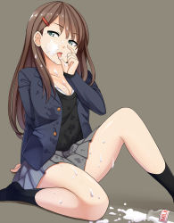 Rule 34 | 1girl, bad id, bad pixiv id, blazer, breasts, brown hair, cleavage, green eyes, grey background, hair ornament, hairclip, jacket, legs, licking, licking finger, long hair, looking away, looking to the side, milk, naughty face, open mouth, original, pinkwaters, pleated skirt, school uniform, sexually suggestive, simple background, skirt, solo, thighs