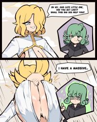 2girls 2koma black_dress blonde_hair breast_attack breast_envy breasts comic dice_coffeedox dress green_aura green_eyes green_hair grin hair_over_one_eye halo highres huge_breasts inconvenient_breasts medium_breasts motion_lines multiple_girls one-punch_man shrug_(clothing) sky slapping_with_breasts smile smug speech_bubble tatsumaki telekinesis upper_body