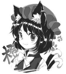 Rule 34 | 1girl, :3, animal ear fluff, animal ears, bow, bowtie, cat ears, cat tail, chen, closed mouth, cropped torso, earrings, hat, highres, jewelry, mimi (ikrptppt), mob cap, monochrome, multiple tails, nekomata, short hair, simple background, single earring, smile, solo, tail, touhou, two tails, upper body, white background