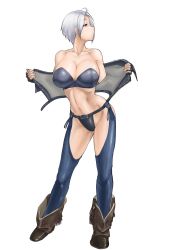 Rule 34 | 1girl, abs, ahoge, angel (kof), backless pants, bare shoulders, belt, black panties, blue eyes, boots, bra, breasts, chaps, cleavage, commentary request, cowboy boots, cropped jacket, female focus, fingerless gloves, full body, gloves, hair over one eye, highres, jacket, large breasts, leather, midriff, mrdotd, navel, panties, pants, profile, removing jacket, short hair, sidelocks, solo, standing, strapless, strapless bra, the king of fighters, thong, toned, underwear, white background, white hair
