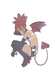 Rule 34 | 1girl, bare shoulders, belt, black bra, black choker, black footwear, black gloves, black panties, boots, bra, breasts, choker, closed mouth, commentary, curled up, dark-skinned female, dark skin, demon girl, demon tail, demon wings, disgaea, earrings, elbow gloves, etna (disgaea), female focus, full body, gloves, high heel boots, high heels, highres, jewelry, looking at viewer, lying, on side, panties, profile, red eyes, red hair, short hair, simple background, skull earrings, small breasts, smile, solo, tail, tan, tanline, thigh boots, thighhighs, timbougami, two side up, underwear, white background, wings