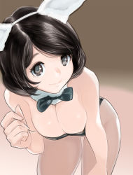 Rule 34 | 1girl, animal ears, bare shoulders, bent over, black eyes, black hair, bow, bowtie, breasts, rabbit ears, cleavage, detached collar, dytm, fake animal ears, highres, leaning forward, looking at viewer, original, pantyhose, playboy bunny, short hair, solo