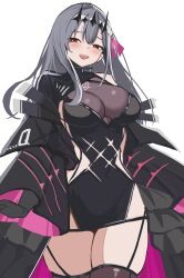 Rule 34 | 1girl, :d, absurdres, black dress, black gloves, black ribbon, blush, breasts, cleavage, detached sleeves, diadem, dress, gloves, goddess of victory: nikke, grey hair, hair ribbon, highres, large breasts, long hair, marian (nikke), modernia (nikke), modernia (second affection) (nikke), open mouth, red eyes, ribbon, see-through, see-through cleavage, simple background, skindentation, smile, solo, thighs, wabimochi, white background