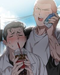 Rule 34 | 2boys, black hair, black jacket, blush, closed eyes, cloud, collared shirt, cup, day, disposable cup, drinking, drinking straw, highres, holding, holding cup, jacket, male focus, mew shepherd, mito youhei, multiple boys, one eye closed, outdoors, red hair, sakuragi hanamichi, shirt, short hair, sky, slam dunk (series), sweat, white shirt
