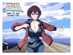 Rule 34 | 1girl, :d, after burner (video game), aircraft carrier, breasts, brown eyes, brown hair, cleavage, commentary, grin, hand up, highres, jacket, meiko (vocaloid), military, military vehicle, ocean, open mouth, outdoors, ship, short hair, smile, solo, vocaloid, warship, water, watercraft, yen-mi