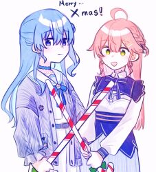 2girls ahoge blue_eyes blue_hair braid candy candy_cane food green_eyes highres holding holding_candy holding_candy_cane holding_food hololive hoshimachi_suisei hoshimachi_suisei_(school_uniform) long_hair long_sleeves looking_at_viewer merry_christmas multiple_girls pink_hair sakura_miko sakura_miko_(street) school_uniform virtual_youtuber yumi5469