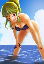 Rule 34 | 1girl, bent over, bikini, unworn bikini bottom, blush, bottomless, breasts, cleavage, cloud, collarbone, earrings, green hair, highres, jewelry, large breasts, long hair, navel, necklace, ocean, one eye closed, open mouth, partially submerged, ponytail, pubic hair, pubic hair peek, purple bikini, purple nails, red eyes, sky, smile, sparkle, standing, swimsuit, teeth, tenran (77608006), water, wet