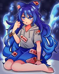Rule 34 | 1girl, 1jumangoku, bare legs, barefoot, blue bow, blue eyes, blue fire, blue hair, blue skirt, blush stickers, bow, burning, clenched hand, cloud, cloudy sky, commentary request, debt, fire, full body, gold bracelet, grey hood, grey hoodie, grey sleeves, hair bow, hood, hood down, hoodie, kneeling, long hair, looking at viewer, miniskirt, open mouth, outline, raised eyebrows, short sleeves, skirt, sky, solo, tearing up, toes, touhou, very long hair, white outline, yorigami shion