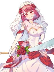 Rule 34 | 1girl, absurdres, bay skecth, breasts, bridal gauntlets, bridal veil, bride, collared halterneck, commission, commissioner upload, dress, feather-trimmed sleeves, fire emblem, fire emblem engage, fire emblem heroes, flower, gold choker, gold trim, hairband, highres, holding, holding sword, holding weapon, lapis (fire emblem), lapis (mighty bride) (fire emblem), looking at viewer, medium breasts, medium hair, nintendo, official alternate costume, pink eyes, pink hair, red flower, red rose, rose, smile, solo, sword, two-tone hairband, veil, weapon, wedding dress, white bridal gauntlets, white hairband, yellow hairband