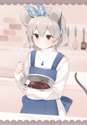 Rule 34 | 1girl, akagashi hagane, animal ears, apron, blue apron, blush, bowl, chocolate, chocolate making, closed mouth, cowboy shot, flying sweatdrops, hair ribbon, hairband, indoors, jewelry, kitchen, ladle, long sleeves, mouse ears, mouse tail, nazrin, necklace, pendant, polka dot, polka dot ribbon, red eyes, ribbed sweater, ribbon, short hair, sleeves past wrists, solo, spatula, sweater, tail, tareme, touhou, valentine, white sweater