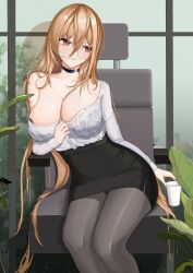 Rule 34 | 1girl, absurdres, azur lane, bare shoulders, black bra, black choker, black pantyhose, black skirt, blonde hair, blush, bra, bra visible through clothes, breasts, chair, choker, cleavage, closed mouth, clothes pull, coffee cup, collarbone, cup, day, disposable cup, feet out of frame, glasses, hair between eyes, high-waist skirt, highres, holding, holding cup, implacable (azur lane), implacable (shepherd of the &quot;lost&quot;) (azur lane), indoors, large breasts, leaf, long hair, long sleeves, looking at viewer, looking away, miniskirt, off-shoulder shirt, off shoulder, office chair, office lady, on chair, pantyhose, pencil skirt, plant, potted plant, pulling own clothes, rectangular eyewear, red eyes, rimless eyewear, romanecontiay, see-through, see-through shirt, shirt, shirt pull, shirt tucked in, sidelocks, single bare shoulder, sitting, skirt, smile, solo, swivel chair, teacher, thighs, underwear, very long hair, white shirt, window