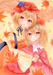Rule 34 | 2girls, aki minoriko, aki shizuha, autumn leaves, blonde hair, closed mouth, commentary request, dress, food, fruit, grapes, hat, highres, indoors, juliet sleeves, long sleeves, looking at viewer, mob cap, multiple girls, natsume nadeshiko, open mouth, orange dress, puffy sleeves, red eyes, red headwear, red shirt, red skirt, shirt, short hair, siblings, sisters, skirt, smile, touhou, yellow eyes