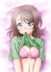 Rule 34 | 10s, 1girl, bed sheet, blue eyes, blush, bra, breasts, cleavage, clothes in mouth, clothes lift, green shirt, grey hair, highres, looking at viewer, love live!, love live! sunshine!!, lying, medium breasts, mouth hold, navel, on back, pink bra, sazanami tarou, shirt, shirt in mouth, shirt lift, short hair, short sleeves, solo, t-shirt, underwear, upper body, watanabe you