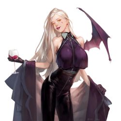 Rule 34 | 1girl, alcohol, bare shoulders, bat wings, between breasts, black gloves, black pants, breasts, coat, collared shirt, cowboy shot, crop top, crop top overhang, cup, drink, drinking glass, eyelashes, facial mark, gloves, harness, head tilt, hickey, high-waist pants, holding, holding cup, holding drink, korean commentary, large breasts, layered clothes, lipstick, long hair, looking away, looking up, makeup, o-ring, off shoulder, original, pants, parted lips, purple coat, purple lips, purple shirt, purple wings, shirt, sideways glance, single wing, sleeveless, sleeveless shirt, smile, standing, straight hair, tight clothes, tight pants, white hair, wings, yellow eyes, yokan (cxsp4773)