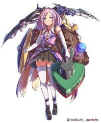 Rule 34 | 1girl, backpack, bag, blue eyes, blue hair, dual wielding, elbow gloves, fusion, gloves, holding, long hair, mataichi mataro, matching hair/eyes, multi sander (ole tower), multicolored hair, ole tower, pink hair, scythe, shield, simple background, solo, thighhighs, two-tone hair