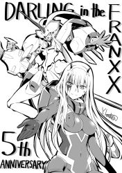Rule 34 | 1girl, anniversary, artist name, blood, blood on clothes, blood on face, bodysuit, character request, commentary request, copyright name, darling in the franxx, english text, greyscale, happy, highres, looking at viewer, mecha musume, monochrome, official art, open mouth, signature, smile, standing, yabuki kentarou, zero two (darling in the franxx)