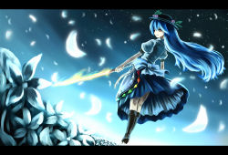 Rule 34 | 1girl, bad id, bad pixiv id, blue hair, boots, bow, dutch angle, energy sword, female focus, flower, food, fruit, hat, hinanawi tenshi, large bow, letterboxed, long hair, looking back, night, outdoors, parsley-f, peach, petticoat, red eyes, sky, smile, solo, standing, sword, touhou, weapon