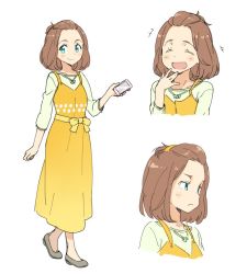 Rule 34 | 1girl, blue eyes, brown hair, cellphone, character request, character sheet, denchuubou, dress, female focus, laughing, multiple views, open mouth, original, phone, shoes, short hair, smartphone, smile, upper body, white background, yellow dress