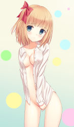 Rule 34 | 1girl, bad id, bad pixiv id, blonde hair, blue eyes, blunt bangs, blush, bottomless, bow, breasts, brown hair, cleavage, collarbone, contrapposto, covered erect nipples, covering privates, covering crotch, dress shirt, female focus, hair bow, highres, looking at viewer, n.g., naked shirt, no bra, no panties, open clothes, open shirt, original, red bow, shiny skin, shirt, shirt tug, short hair, solo, standing