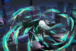 1girl absurdres black_hairband building city city_lights cityscape cropped_jacket fire firefly_(honkai:_star_rail) floating_hair from_behind green_fire green_skirt grey_hair hair_ornament hairband highres honkai:_star_rail honkai_(series) lilin_(pixiv_25958194) long_hair long_sleeves night sitting skirt