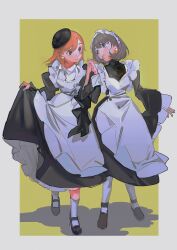 Rule 34 | 2girls, absurdres, ankle socks, apron, black dress, black footwear, black headwear, black sleeves, blue eyes, blue nails, bob cut, border, brown hair, chinese commentary, closed mouth, collared shirt, colored eyelashes, commentary request, dress, earrings, fingernails, frilled apron, frilled sleeves, frills, full body, green background, grey border, hat, highres, holding hands, jewelry, juliet sleeves, kneehighs, light blush, long sleeves, looking at another, love live!, love live! superstar!!, maid, maid headdress, mary janes, mini hat, multiple girls, nail polish, open mouth, orange hair, outside border, puffy sleeves, purple eyes, riko-m, shadow, shibuya kanon, shirt, shoes, short hair, skirt hold, sleeves past wrists, smile, socks, sparkle, sphere earrings, tang keke, teeth, turtleneck, turtleneck dress, white apron, white headdress, white shirt, white socks, wide sleeves, yuri