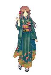 Rule 34 | :o, braid, brown hair, clenched hand, eyebrows, flower, fujisaki (graphic loops), full body, furisode, green eyes, hair flower, hair ornament, highres, japanese clothes, kimono, long hair, long sleeves, looking at viewer, nazuka juri, obi, official art, sandals, sash, simple background, solo, striped, tabi, toys drive, twin braids, vertical stripes, white background, wide sleeves