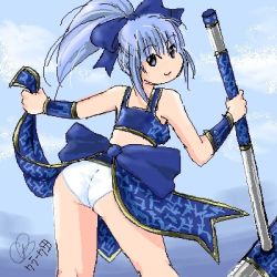 Rule 34 | 1girl, ass, blue hair, hammer, legs, lowres, meru (dragoon), panties, ponytail, ribbon, smile, the legend of dragoon, underwear, wingly, wristband