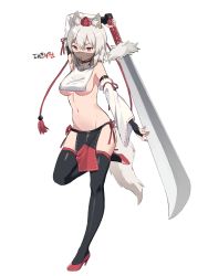 Rule 34 | 1girl, adapted costume, animal ears, bare shoulders, black thighhighs, breasts, bridal gauntlets, commentary request, detached sleeves, earrings, hat, high heels, highres, holding, holding sword, holding weapon, inubashiri momiji, jewelry, korean text, long sleeves, medium breasts, midriff, mouth veil, navel, no bra, no panties, pelvic curtain, pom pom (clothes), red eyes, red footwear, red ribbon, revealing clothes, ribbon, ribbon-trimmed sleeves, ribbon trim, see-through, shiny clothes, short hair, simple background, single earring, skindentation, standing, standing on one leg, stomach, sword, taeminhyeon, tail, tassel, thighhighs, tokin hat, touhou, translation request, underboob, veil, weapon, white background, white hair, white sleeves, wide sleeves, wolf ears, wolf tail