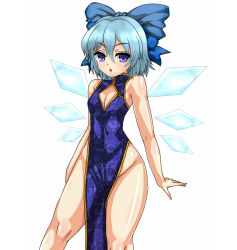 Rule 34 | 1girl, alternate costume, bare shoulders, blue eyes, blue hair, bow, breasts, china dress, chinese clothes, cirno, cleavage, cleavage cutout, clothing cutout, dress, hair bow, hip focus, ice, ice wings, matching hair/eyes, n (dai n honpo), no panties, pelvic curtain, short hair, side slit, sleeveless, small breasts, solo, thighs, touhou, wings