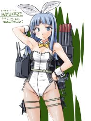 Rule 34 | 10s, 1girl, 2017, animal ears, arm behind head, arm up, armpits, bare shoulders, blue eyes, blue hair, blush, bow, bowtie, character name, dated, detached collar, fake animal ears, hand on own hip, hatsukaze (kancolle), kantai collection, legs apart, leotard, long hair, looking at viewer, playboy bunny, rabbit ears, side-tie leotard, solo, standing, strapless, strapless leotard, tatsumi ray, thigh strap, turret, twitter username, weapon, white background, wrist cuffs, yellow bow, yellow bowtie